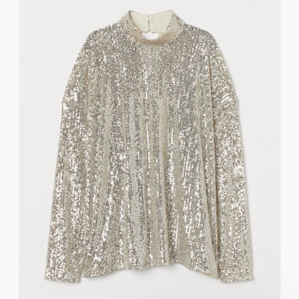 H&M Sequin Silver Mock Neck Top with Keyhole Back S/M EUC